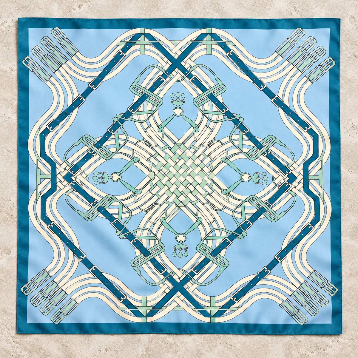 Blue Bridle Maze equestrian square scarf with a teal border and symmetrical harness pattern.