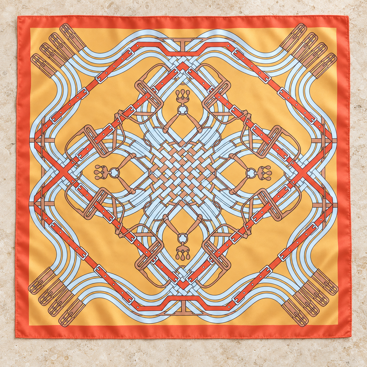 Orange Bridle Maze equestrian square scarf with a symmetrical horse harness and buckle print.