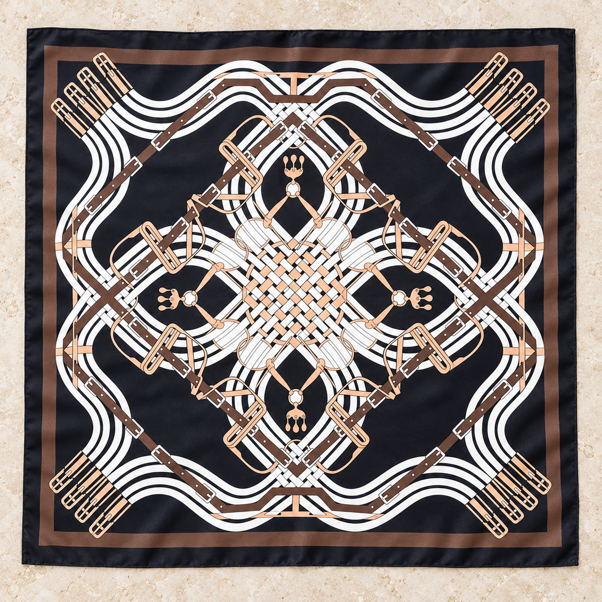 Black Bridle Maze equestrian square scarf with cream and brown equestrian harness details.