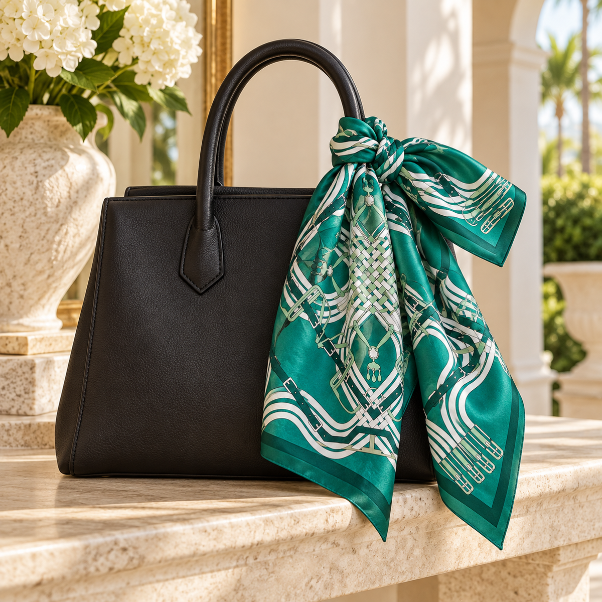 Close-up of the Bridle Maze scarf showing its printed straps, buckles, border, and smooth polyester fabric.