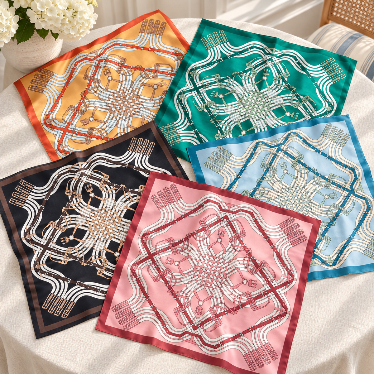 Five square silk scarves with intricate geometric and circuit-like patterns are arranged on a white tablecloth. The scarves come in orange, green, black, light blue, and pink, each with a contrasting border and detailed line work.