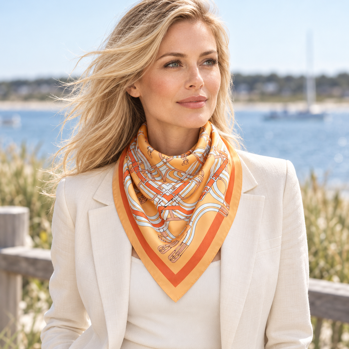 Woman wearing the orange Bridle Maze equestrian square scarf tied elegantly around her neck.