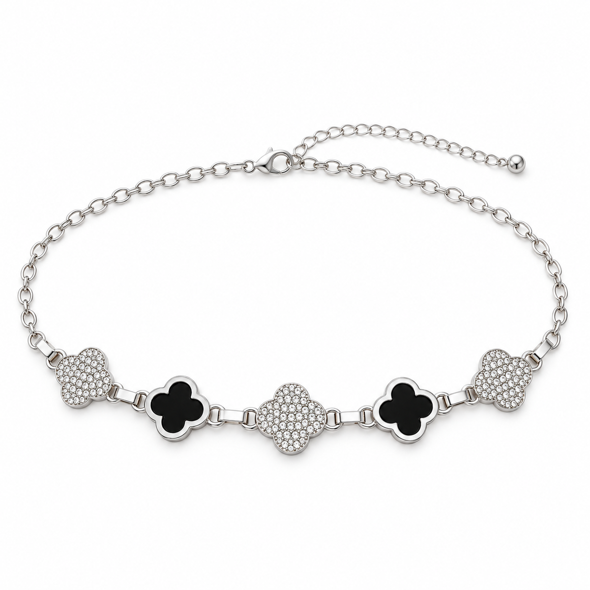 Silver-tone City Lights rhinestone quatrefoil chain belt displayed on a clean white background