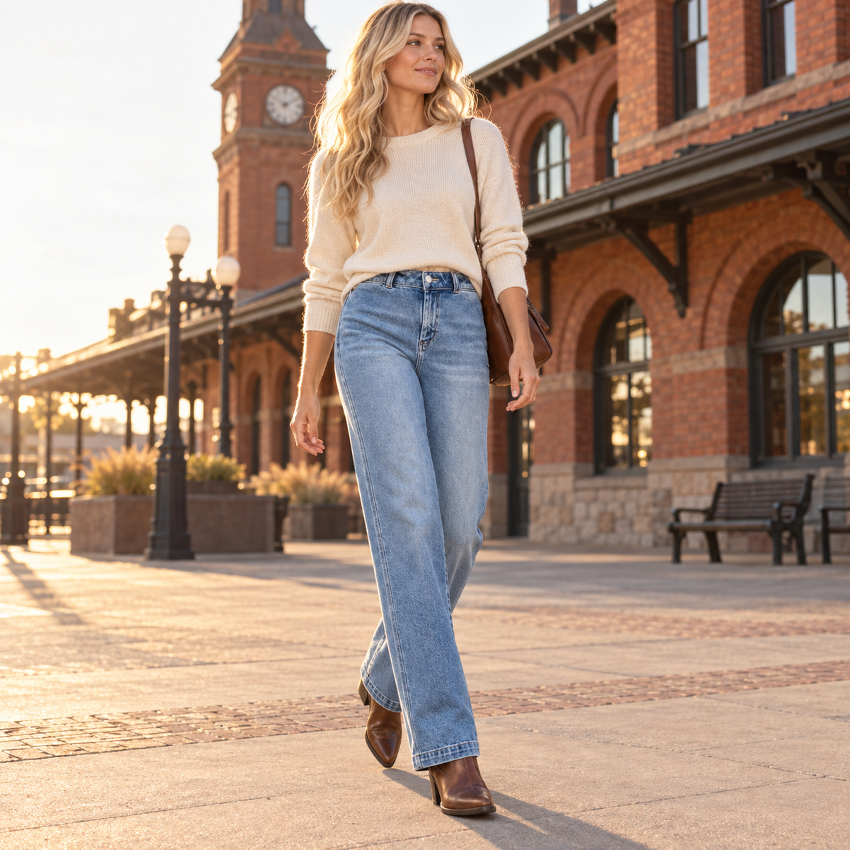 Woman wearing RISEN slouchy straight jeans with a cream sweater and brown boots near a historic brick depot.