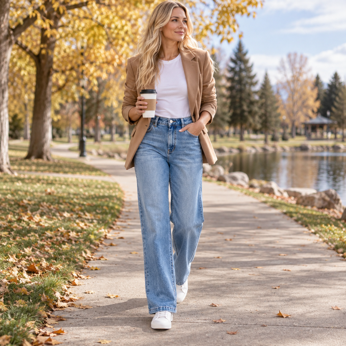 Woman wearing RISEN relaxed straight jeans with a camel blazer and white sneakers while walking through a park.