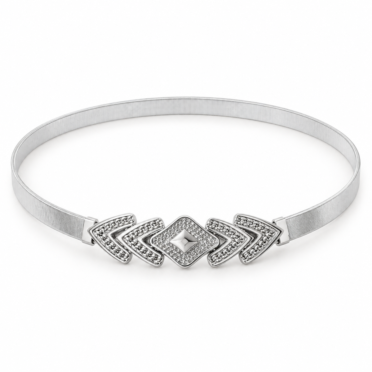 Silver-tone Desert Deco stretch metal waist belt arranged on a clean white background.