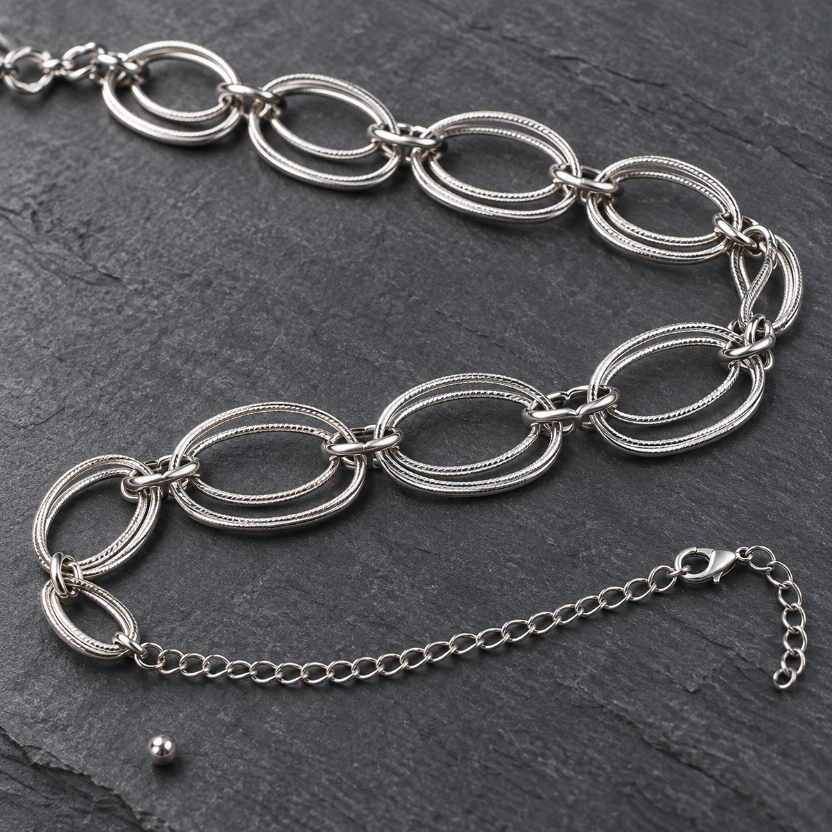 Silver-tone layered oval waist chain belt 