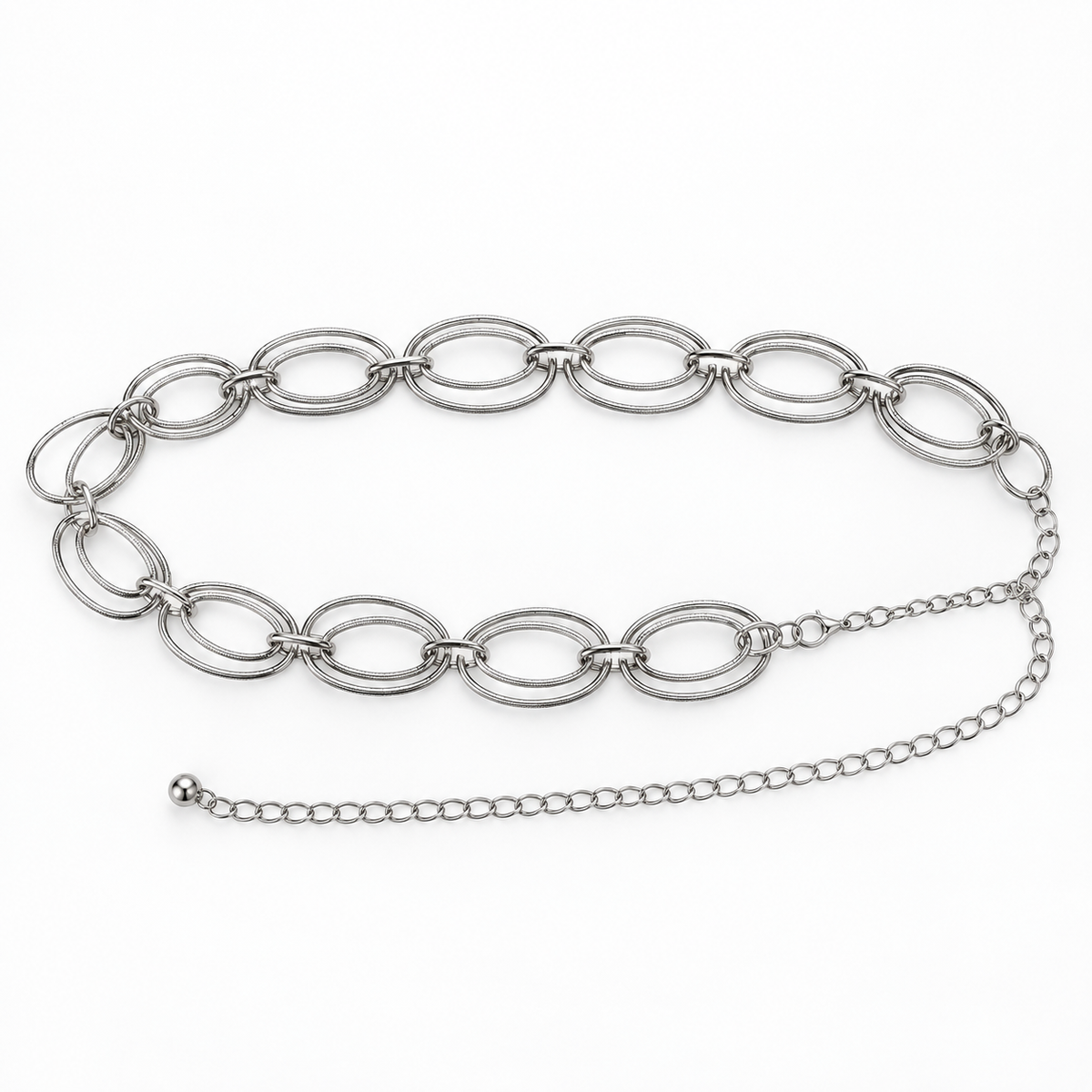 Silver-tone double oval link waist belt displayed on textured charcoal slate.