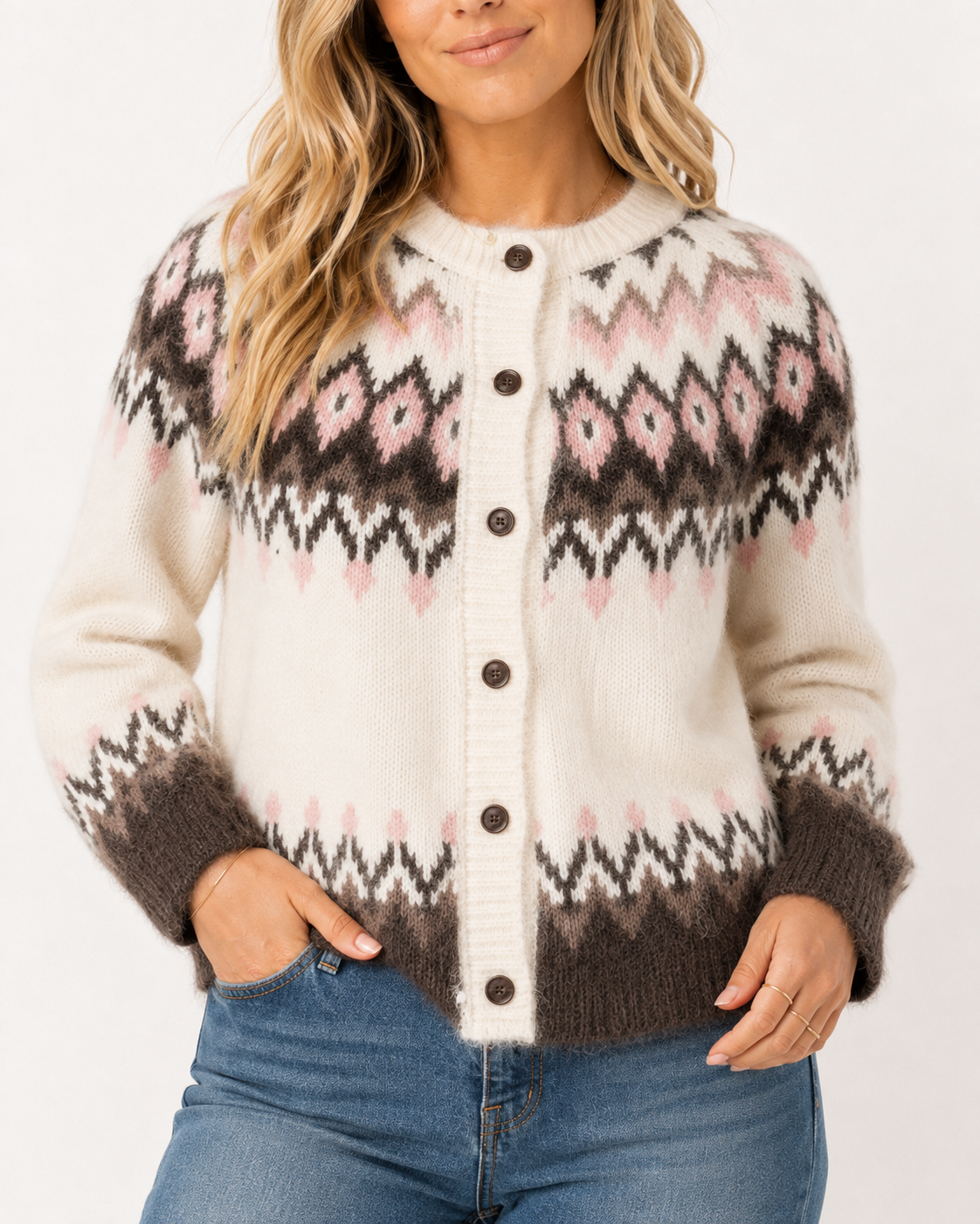 White Geometric Pattern Brushed Knit Button Cardigan