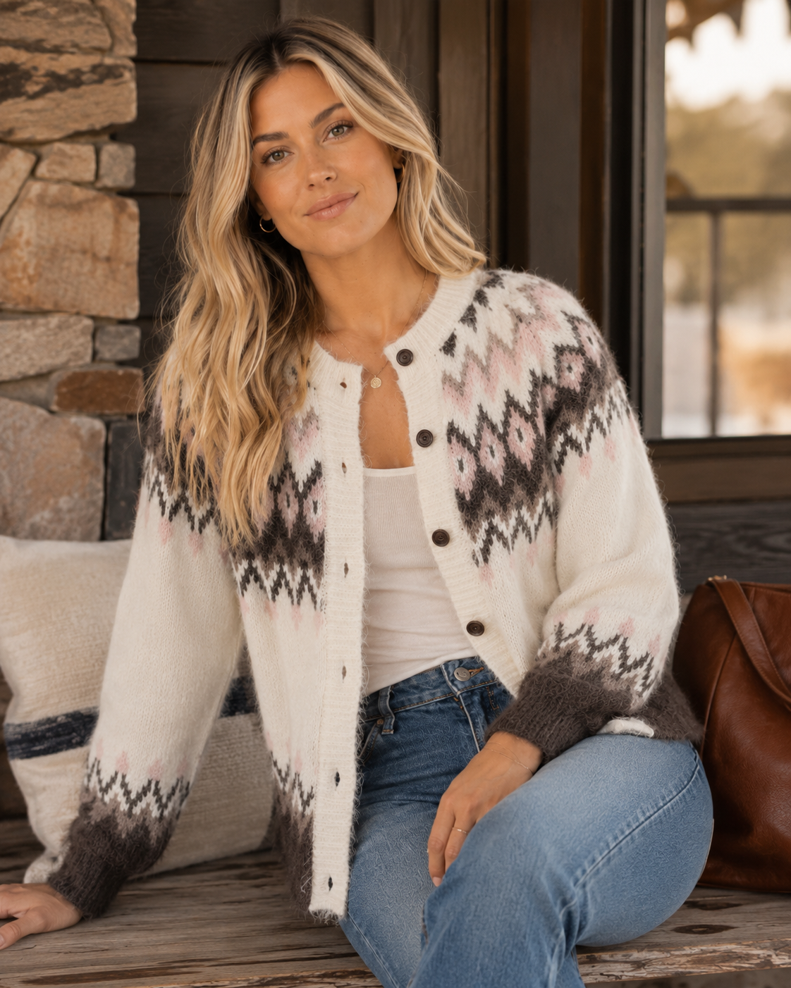 White Geometric Pattern Brushed Knit Button Cardigan