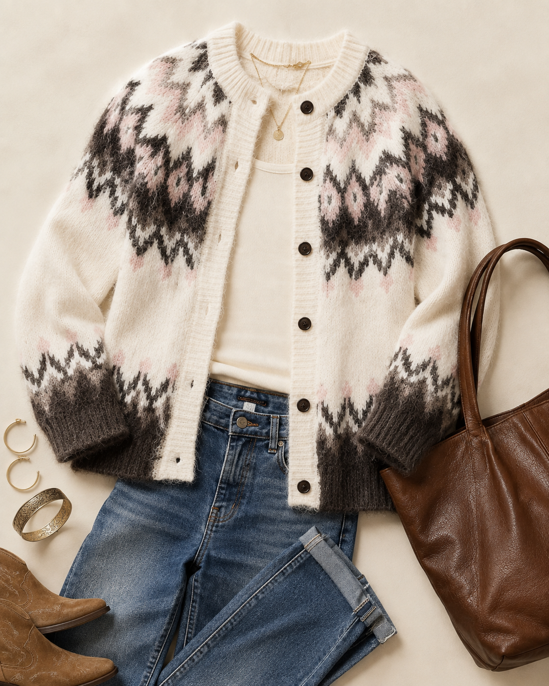 White Geometric Pattern Brushed Knit Button Cardigan