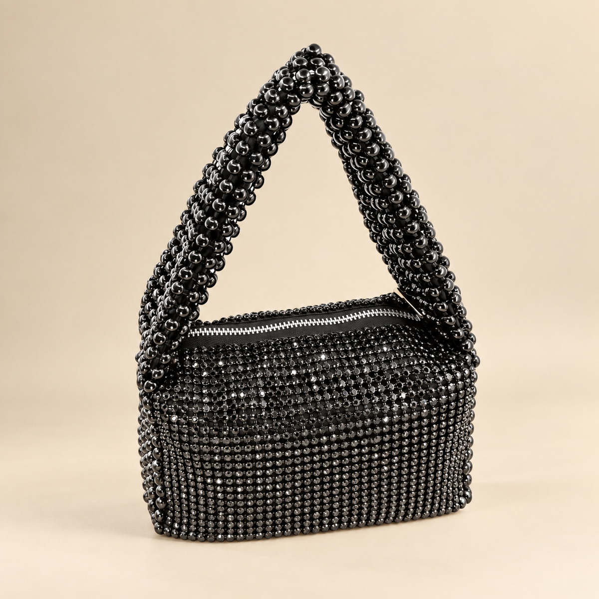 Black After Dark rhinestone mini shoulder bag with beaded statement handle and zipper closure