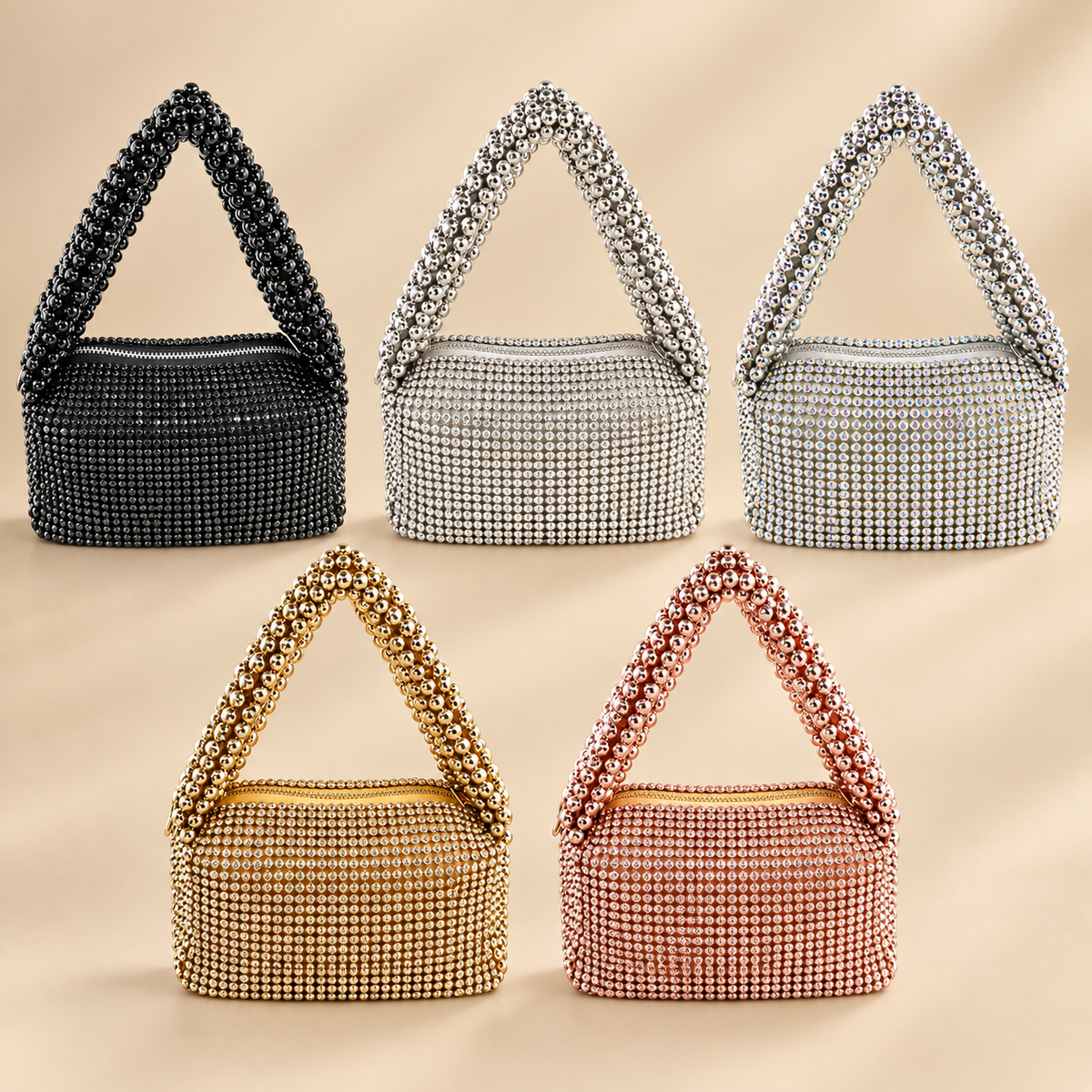 After Dark rhinestone mini shoulder bag color options in Black, Clear, AB, Gold and Rose Gold