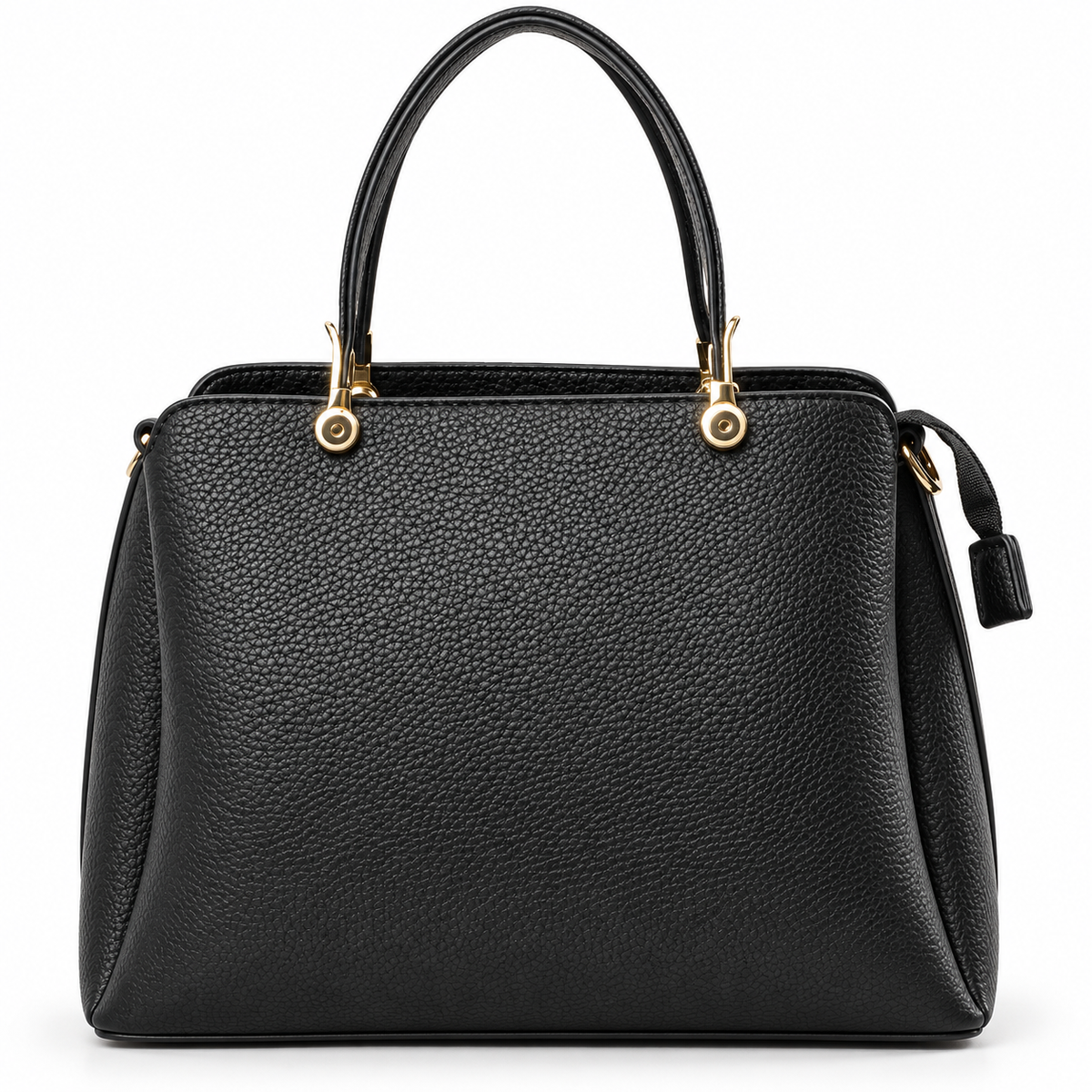 Black textured faux leather top handle tote bag with structured silhouette, double handles and gold-tone hardware on white background