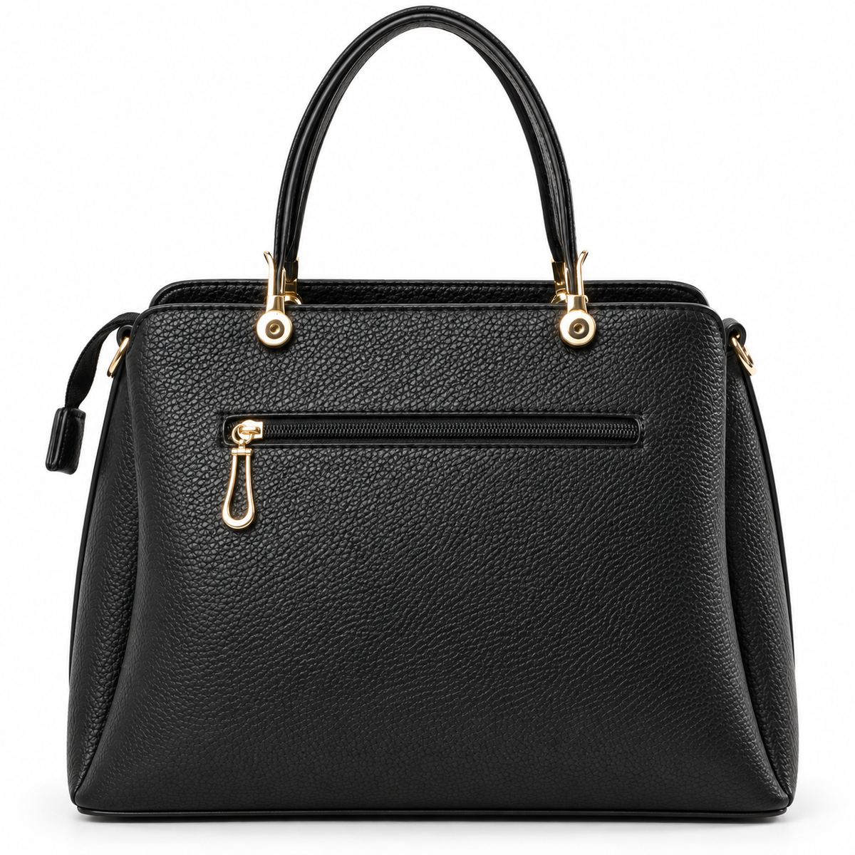 Back view of black textured faux leather tote bag with exterior zipper pocket, double handles and gold-tone hardware