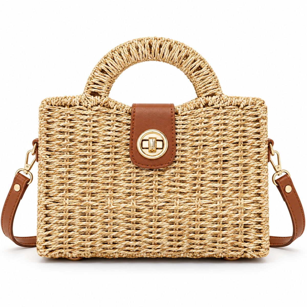 Beige Harbor Weave mini satchel crossbody bag with woven texture, brown tab and gold-tone turn-lock closure