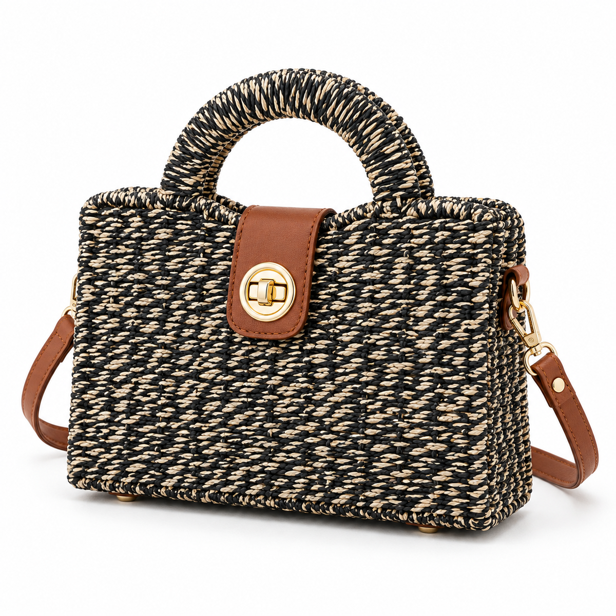Black Harbor Weave structured woven mini satchel with rounded top handle and detachable brown crossbody strap