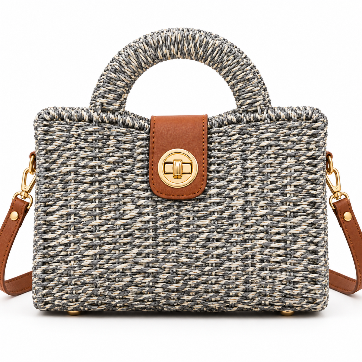 Gray Harbor Weave structured crossbody bag with woven texture, rounded handle and brown turn-lock tab