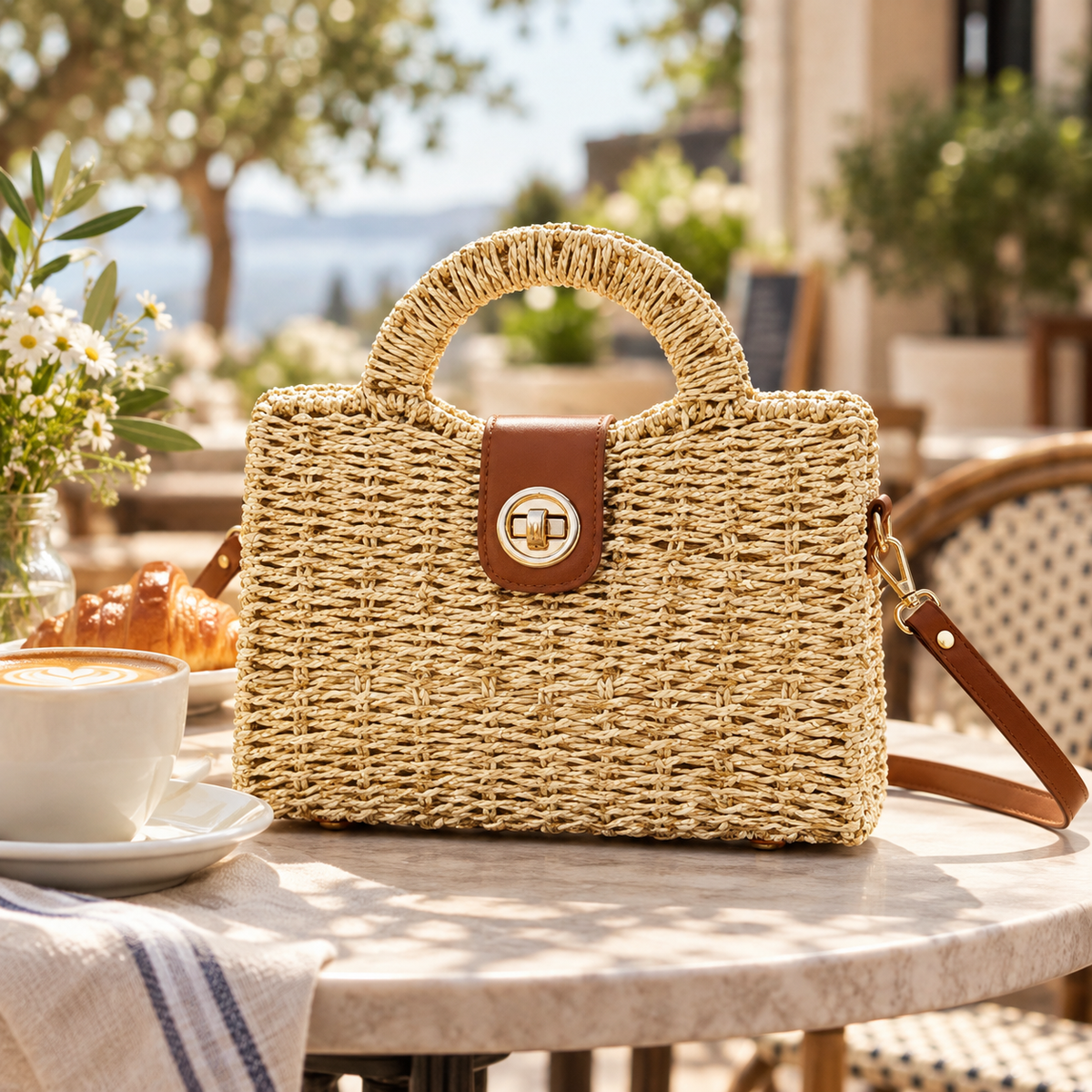 Beige Harbor Weave mini satchel styled on a sunny cafe table with detachable crossbody strap