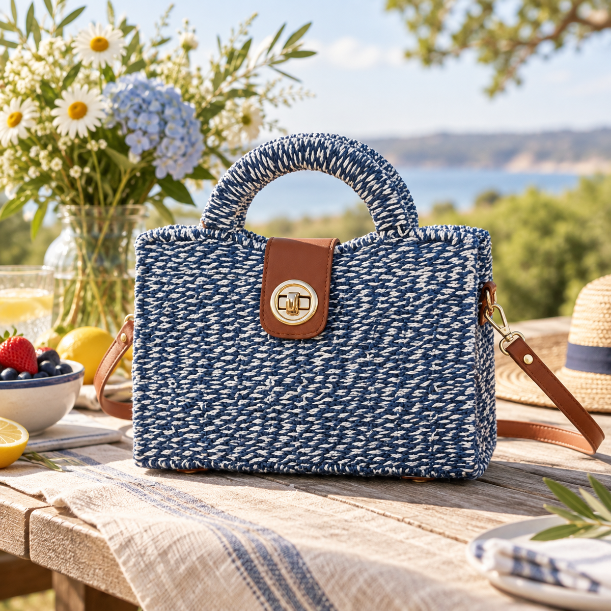 Blue Harbor Weave woven mini satchel styled in a coastal outdoor setting with flowers and summer accessories