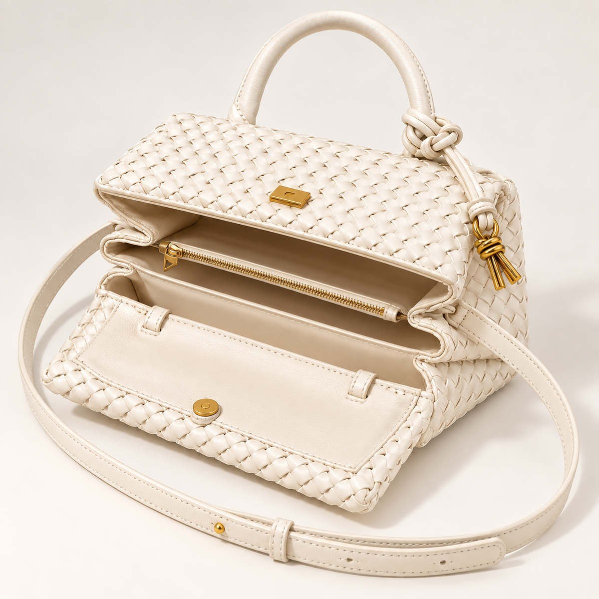 Open white Sutton woven handbag showing interior zipper pocket, clasp closure and adjustable strap