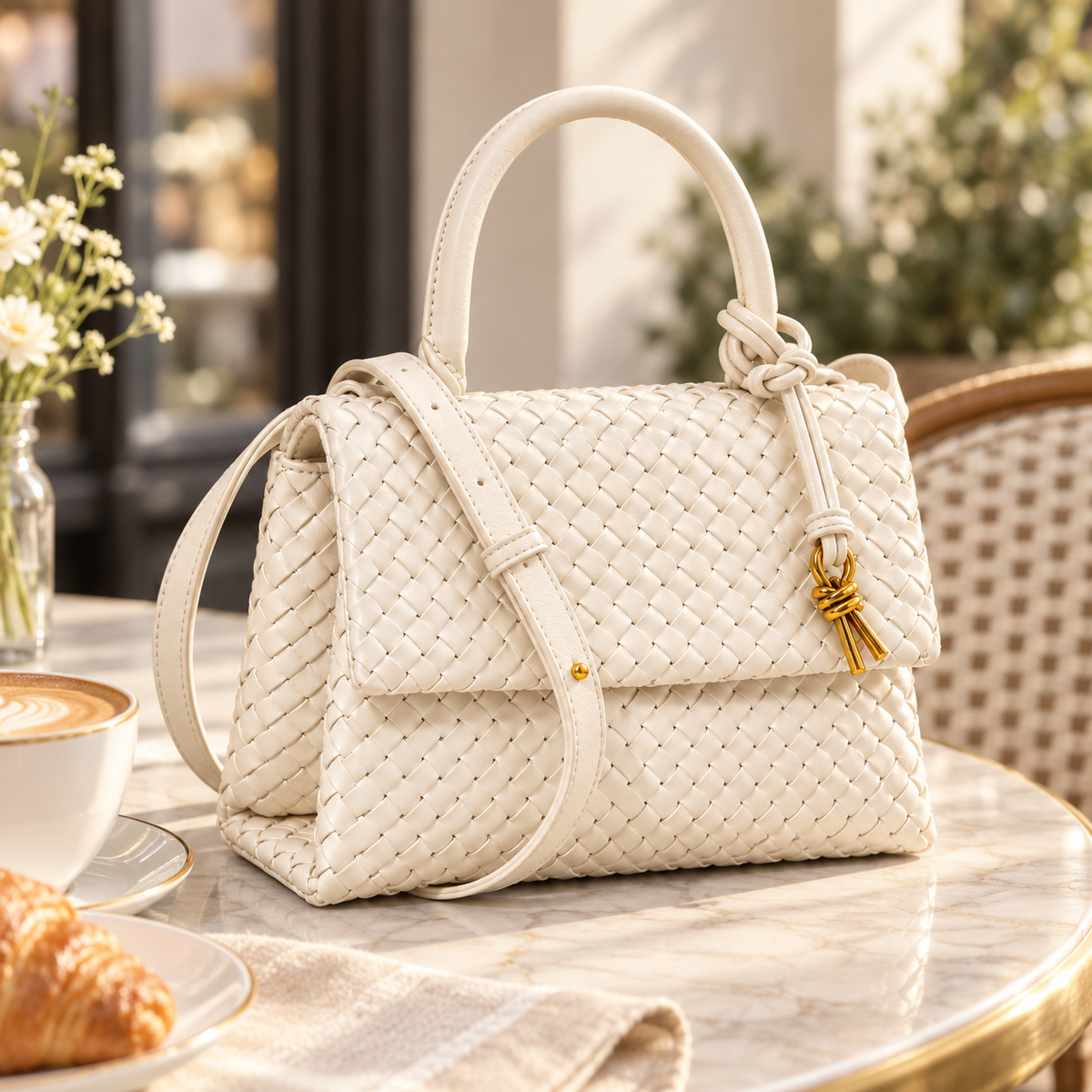 White Sutton woven top handle handbag styled on a cafe table in a soft neutral lifestyle setting