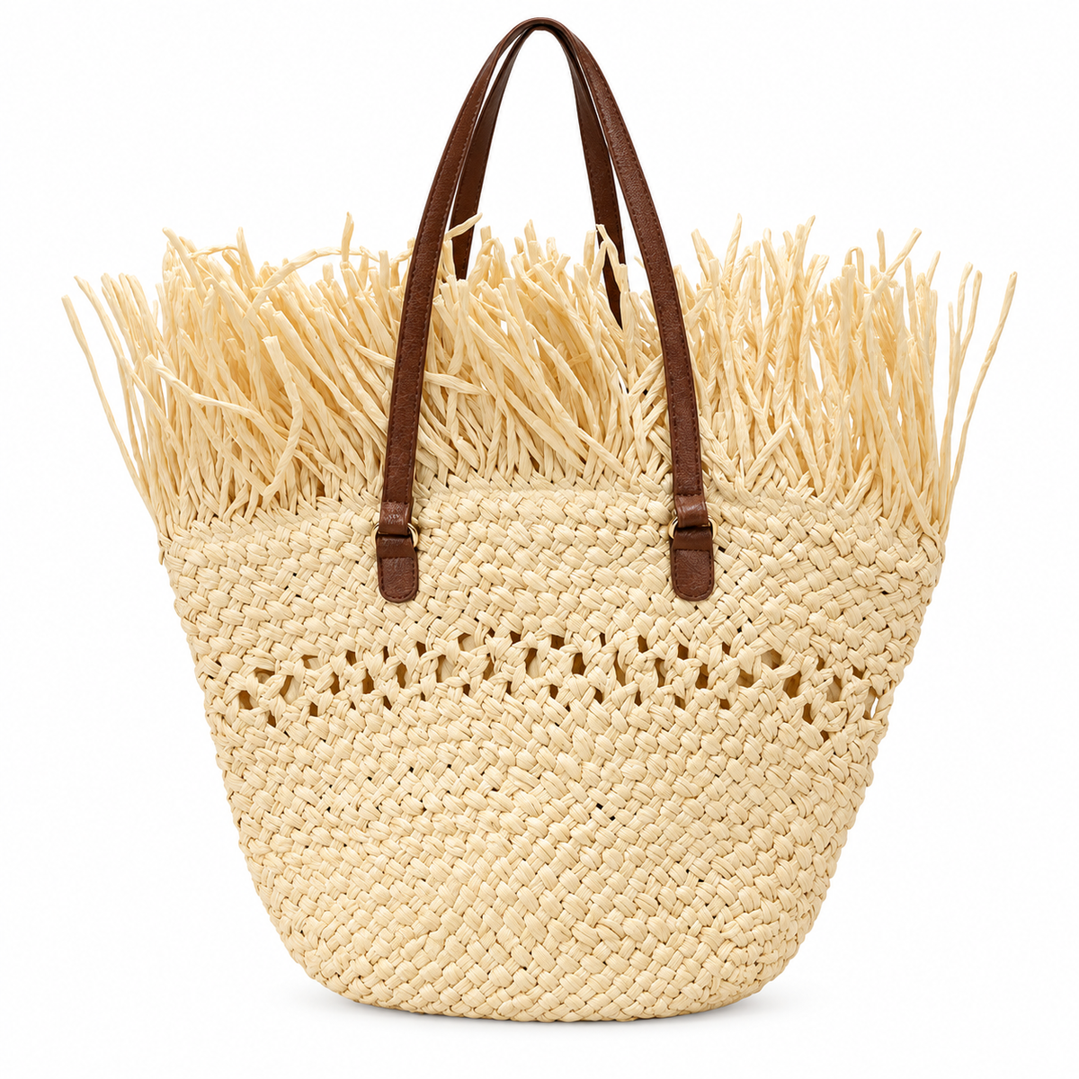 Ivory Seaside Fringe woven tote bag with long brown shoulder handles on a clean white background