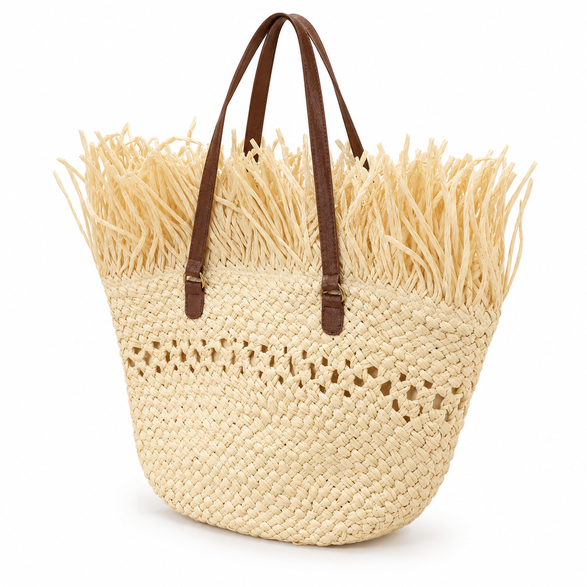 Angled view of ivory Seaside Fringe woven tote showing oversized fringe and brown shoulder straps