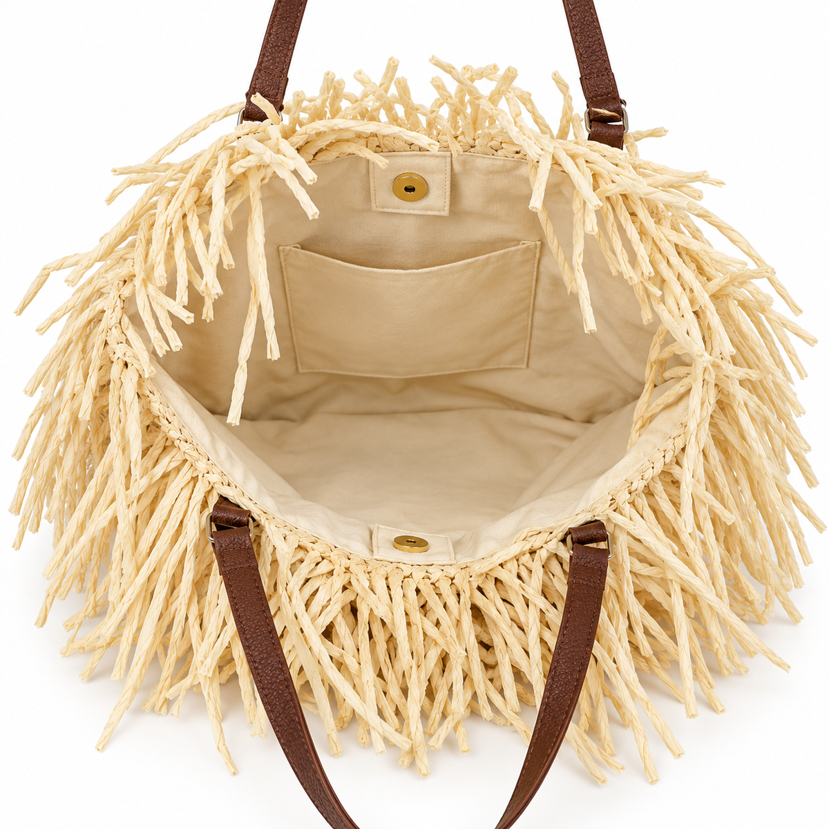 Open Seaside Fringe woven tote showing light interior lining, slip pocket and magnetic closure