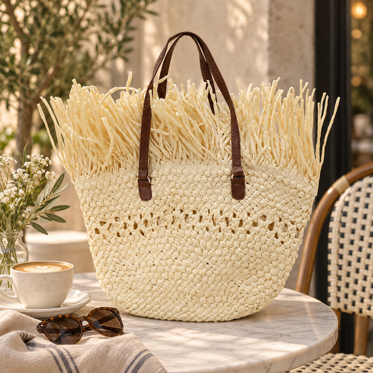 Seaside Fringe ivory woven tote styled on a sunlit cafe table with sunglasses and coffee