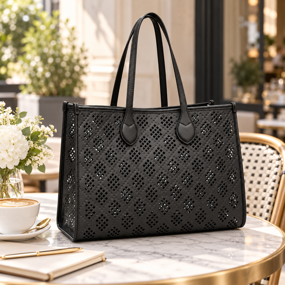 Lattice Luxe Tote | Perforated Faux Leather Shoulder Bag