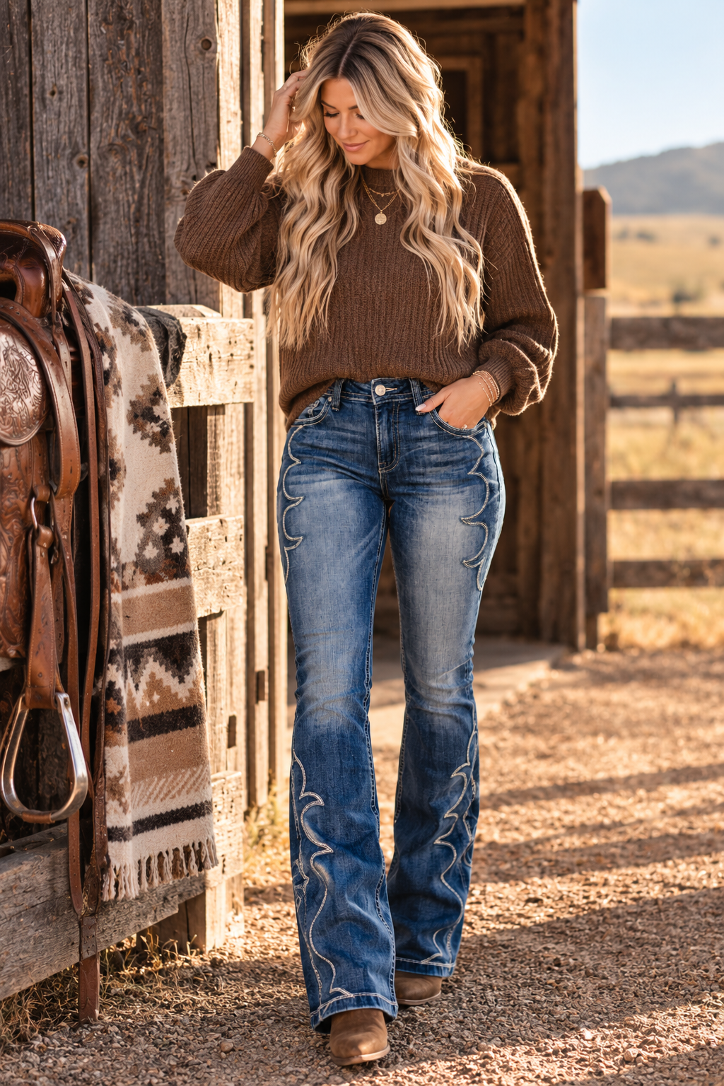 A woman stands outdoors in a rustic barn area wearing a brown ribbed knit sweater and blue western-style flare jeans with white embroidered detailing. A saddle and blanket are visible on the left, with dry grass and hills in the background.