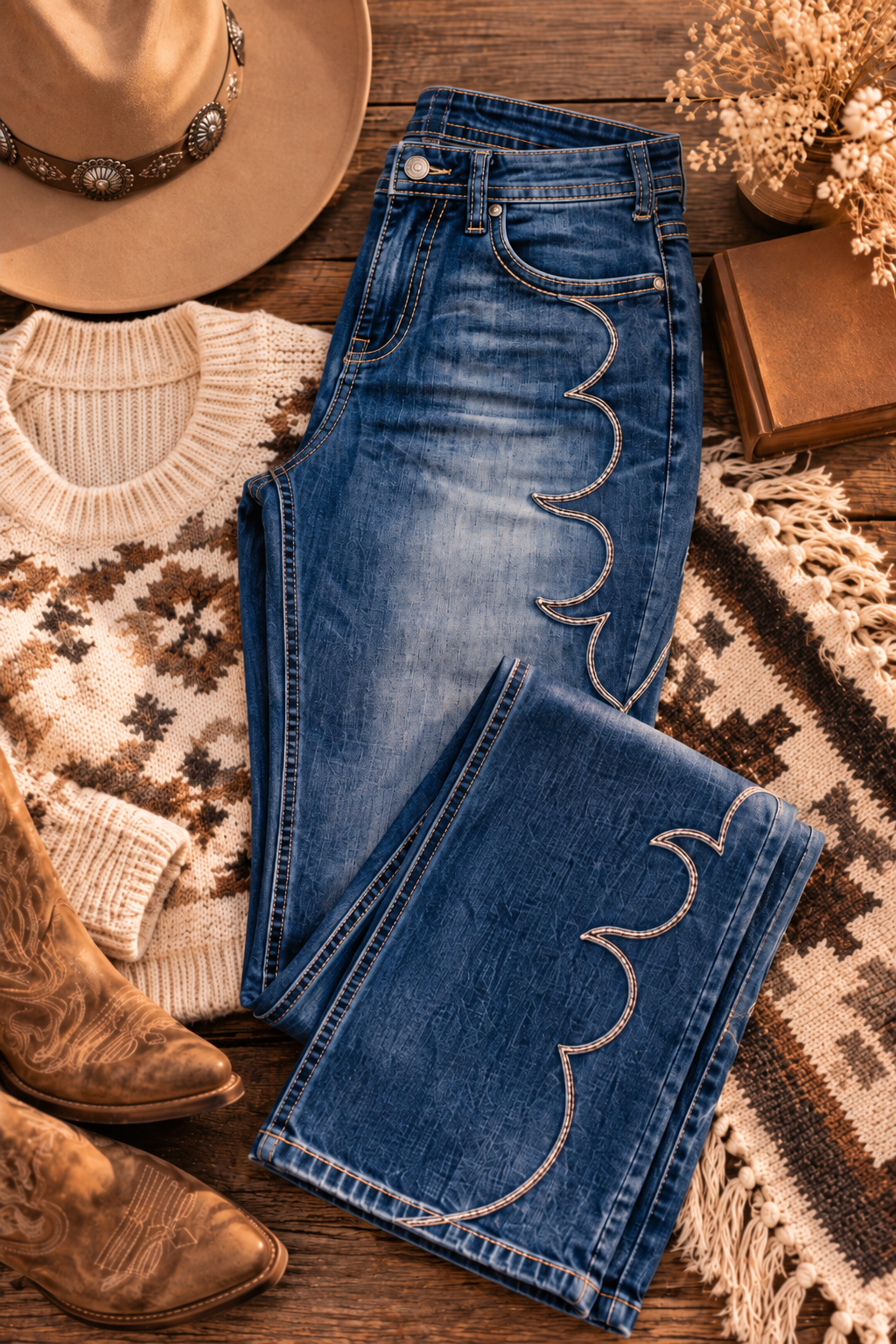 A pair of blue denim jeans with distinctive scalloped contrast stitching, styled in a rustic western flat-lay with a tan cowboy hat, cream knit sweater, brown boots, and a patterned rug on a wooden surface.