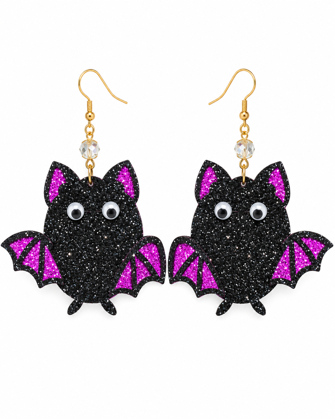 A pair of black glitter bat dangle earrings with bright pink glitter wings, gold-tone hooks, and clear rhinestone beads, shown on a plain white background.