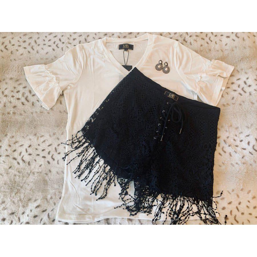 L&B Lace Fringe Black Shorts with Tie Up Front