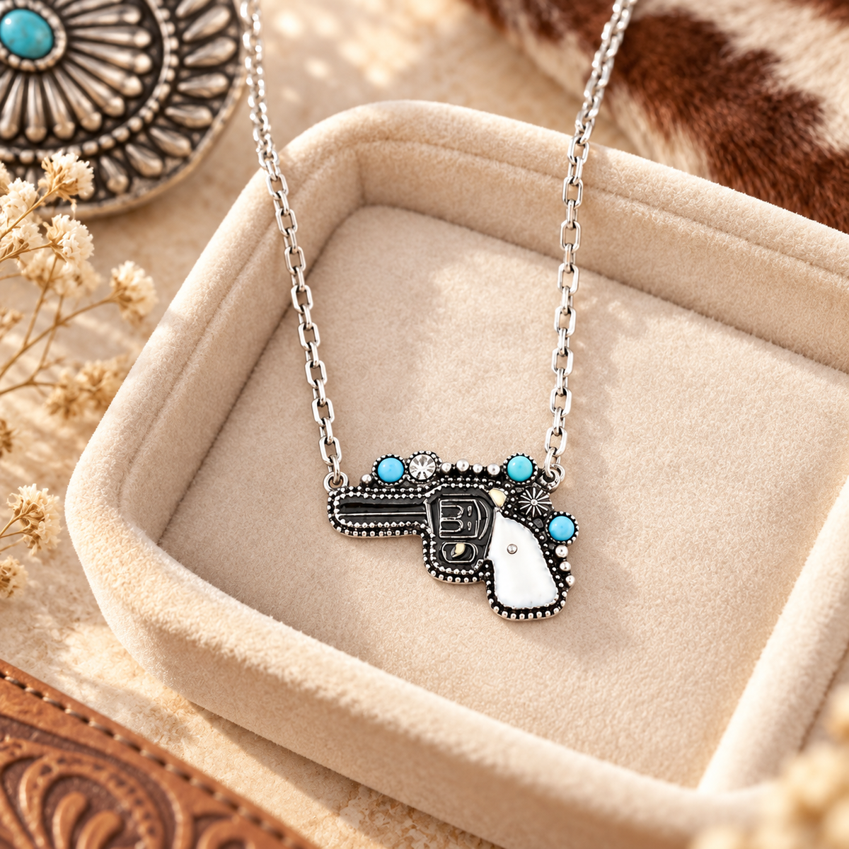 Western Pistol Pendant Necklace with Faux Turquoise Accents