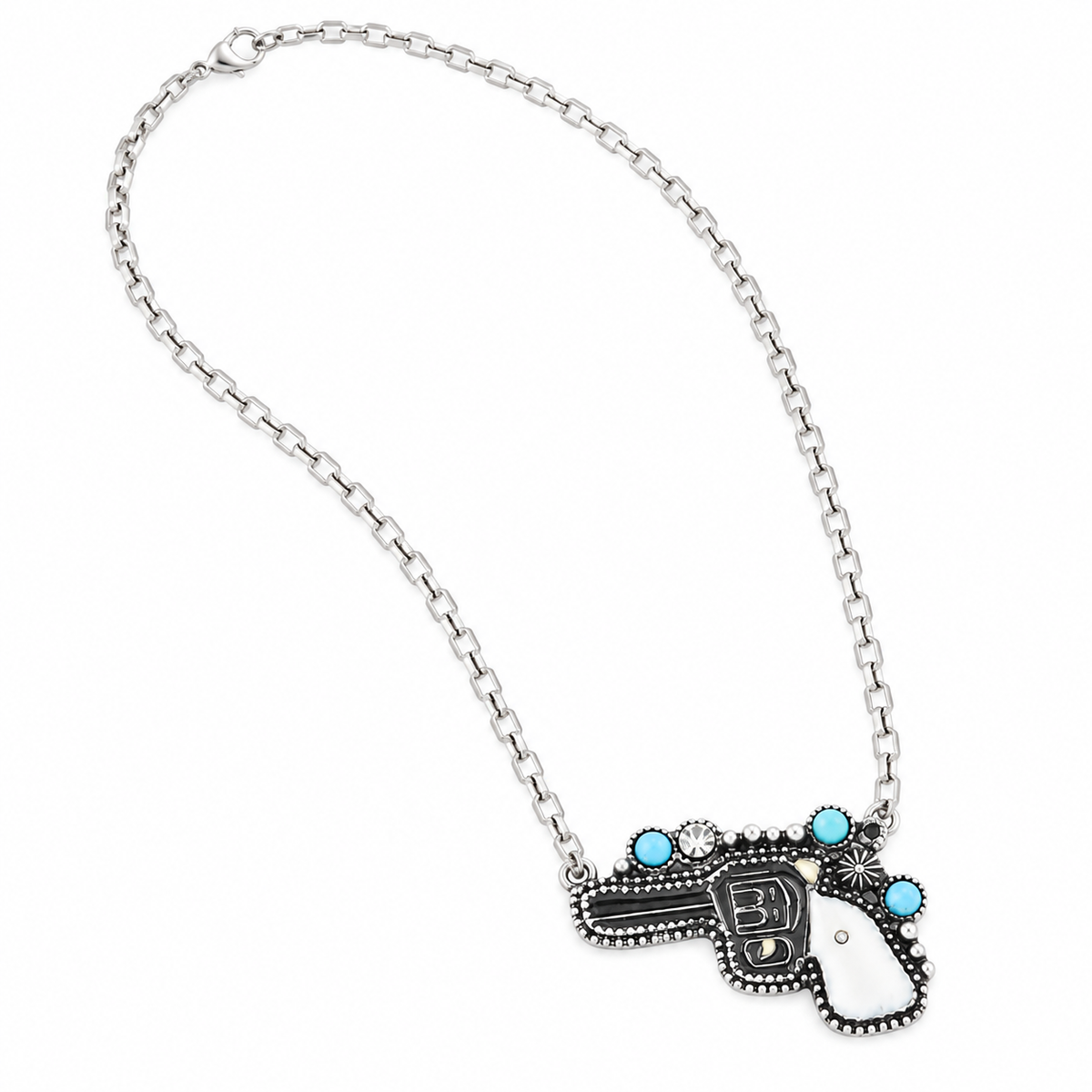 Western Pistol Pendant Necklace with Faux Turquoise Accents
