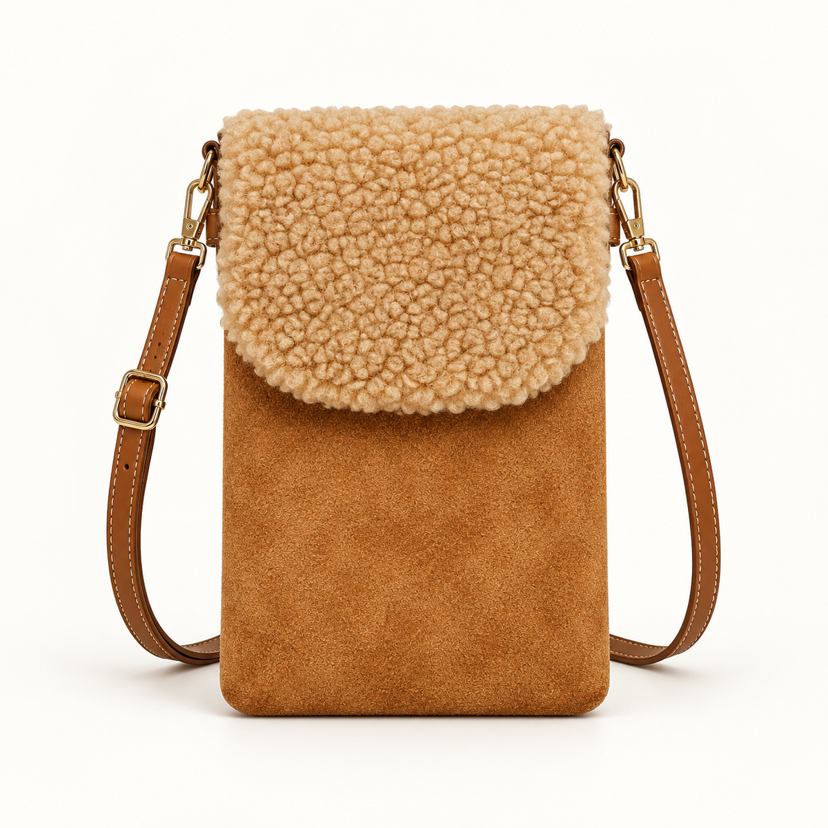 Teddy Brown sherpa-style phone crossbody bag with suede-feel body and adjustable strap