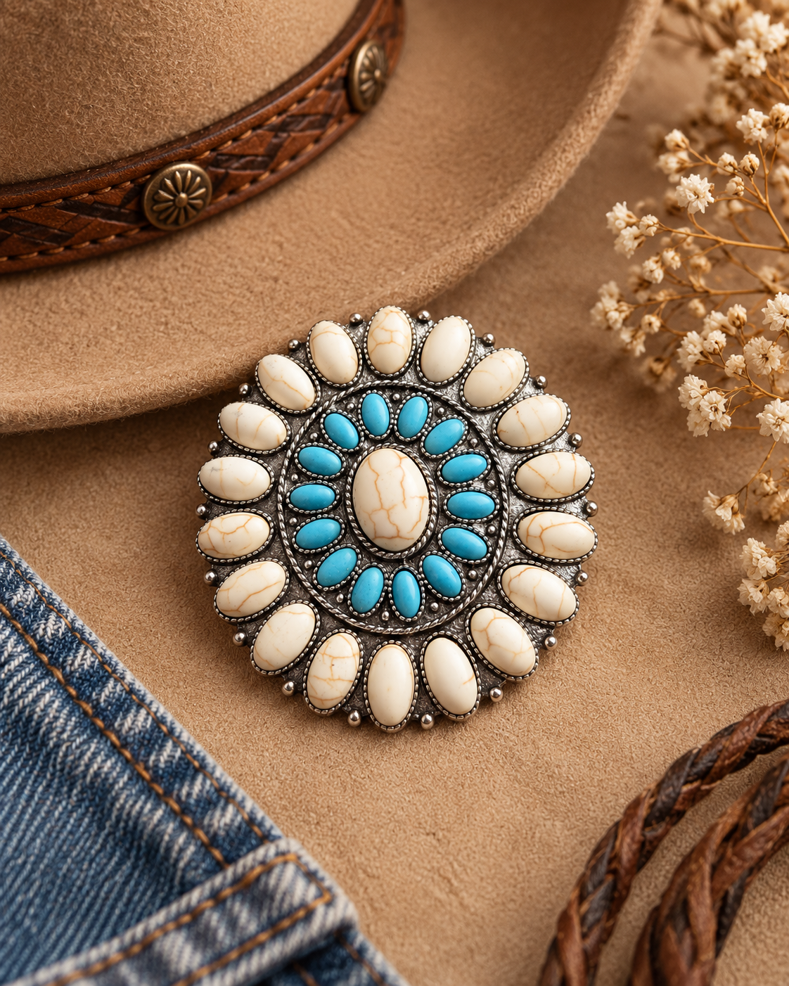 A round Southwestern-style turquoise and stone brooch with white stone accents and silver-toned metal, styled on a tan suede surface with a brown hat, denim, and dried flowers.
