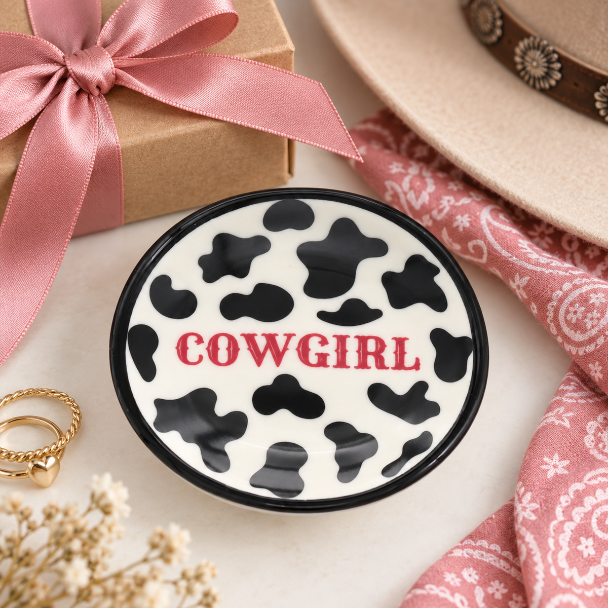 Cowprint Cowgirl ring dish size guide showing 3 inch diameter and 0.75 inch height