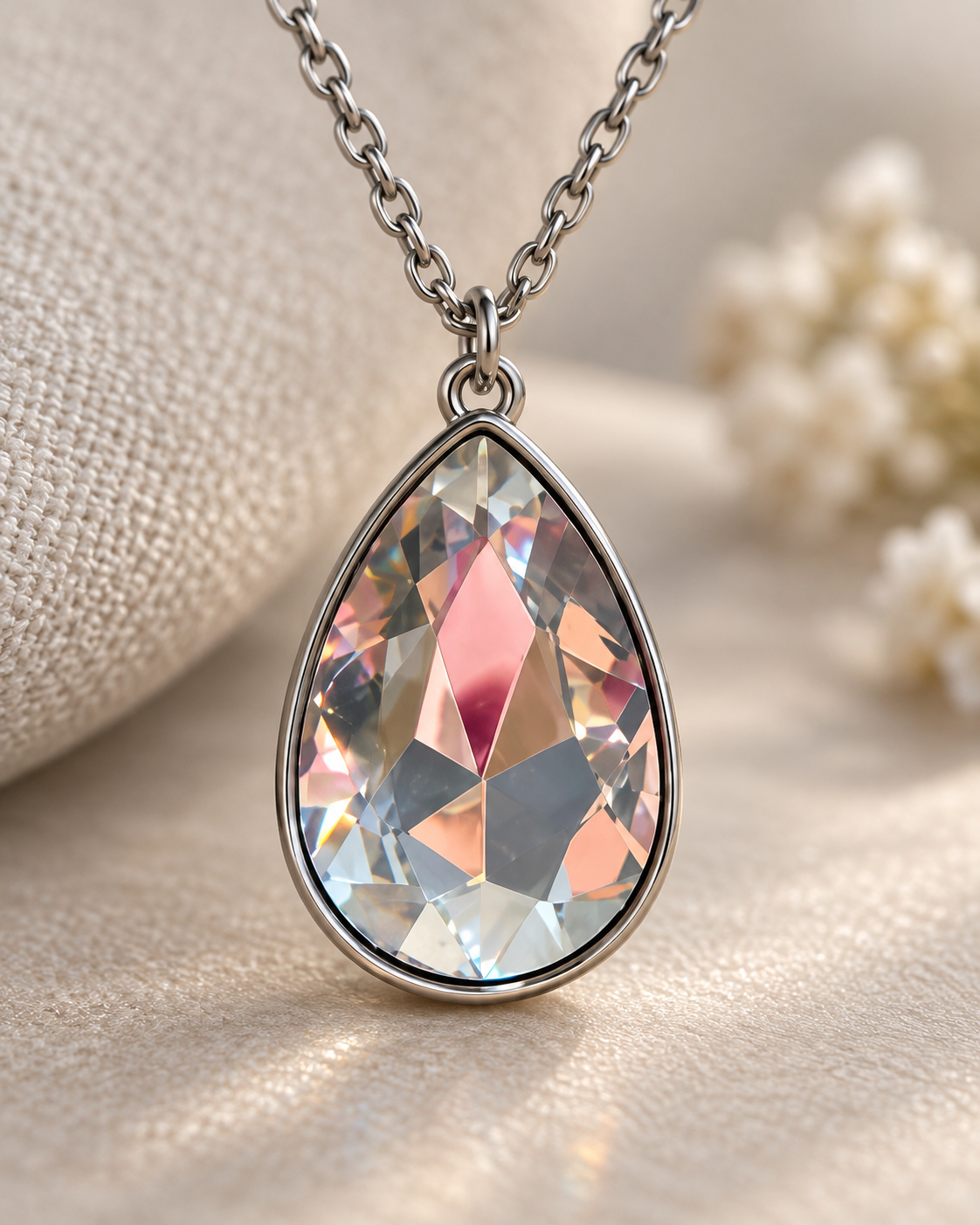 Close-up of clear faceted teardrop pendant showing blush, champagne and icy light reflections