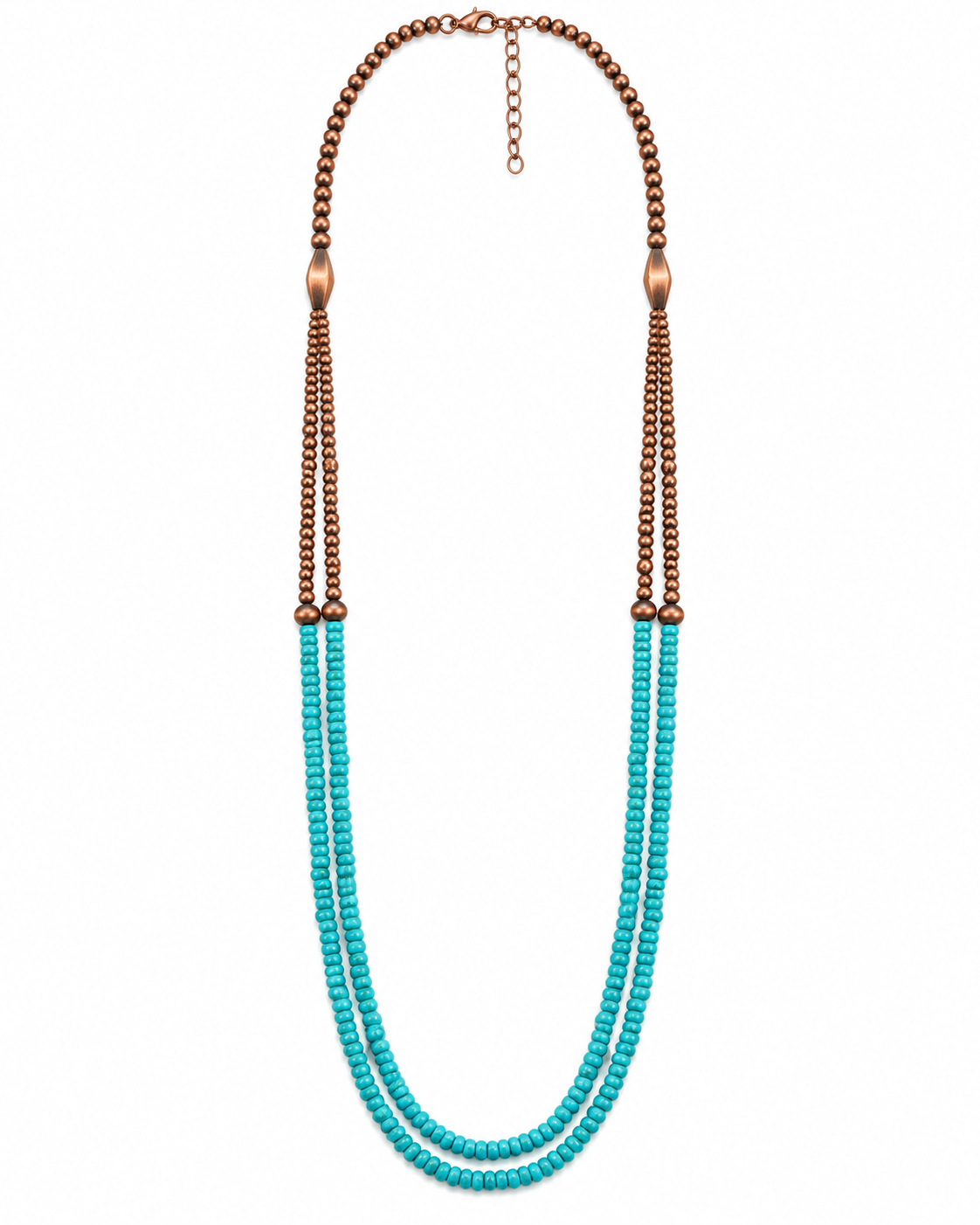 Mesa Trail long double-strand necklace with turquoise-colored beads and warm copper-tone accents on a white background