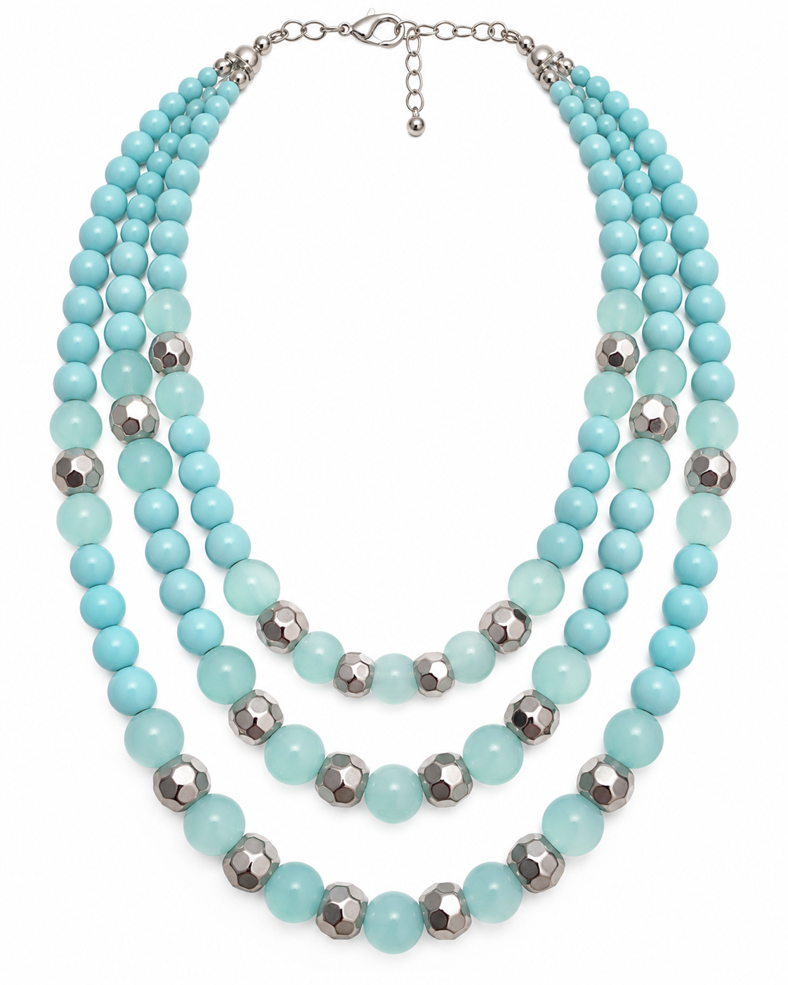 Sea Glass Trails layered necklace with three strands of aqua beads and faceted silver-tone accents