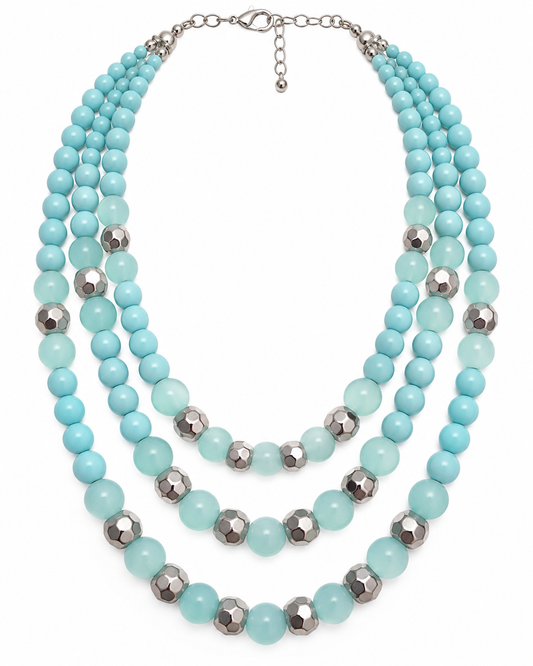 Sea Glass Trails layered necklace with three strands of aqua beads and faceted silver-tone accents