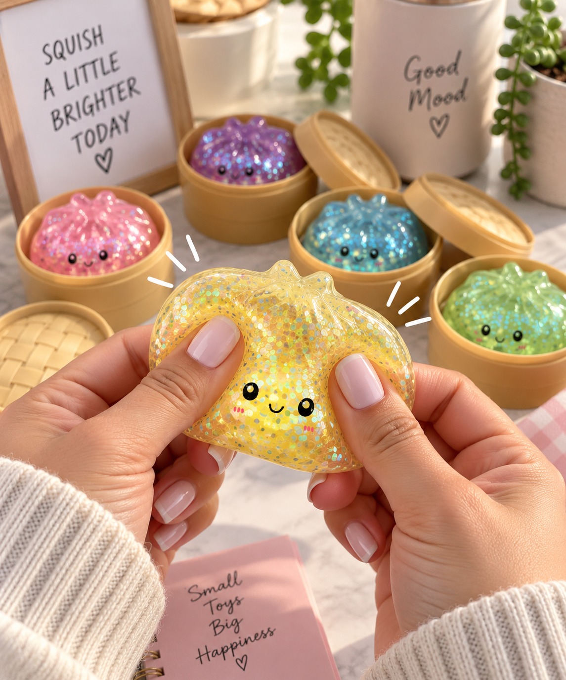 A person's hands with pale pink manicured nails are squishing a yellow glittery, pumpkin-shaped stress toy with a cute face. In the background, several other glittery stress toys in pink, purple, blue, and green are displayed inside small bamboo steamers, alongside decorative ceramic mugs and potted plants.