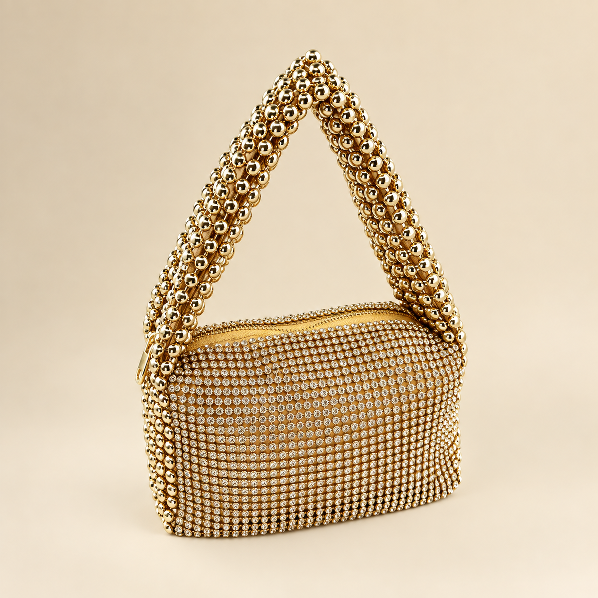 Gold After Dark rhinestone evening bag with statement beaded handle and crystal detailing