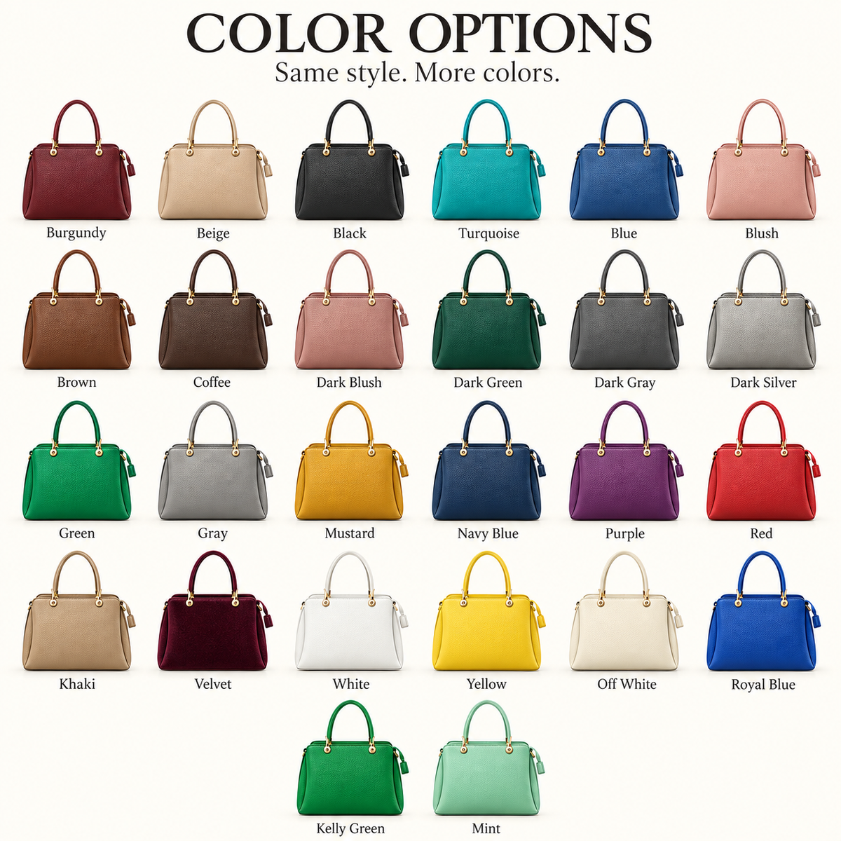 Textured faux leather top handle tote bag color options including burgundy, beige, black, turquoise, blue, blush, brown, green, gray and additional colors