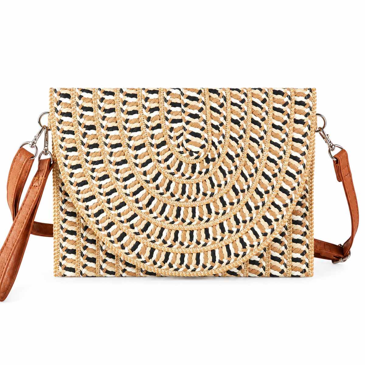 Coastal Mesa woven clutch and crossbody bag in taupe with black and white woven accents and cognac strap
