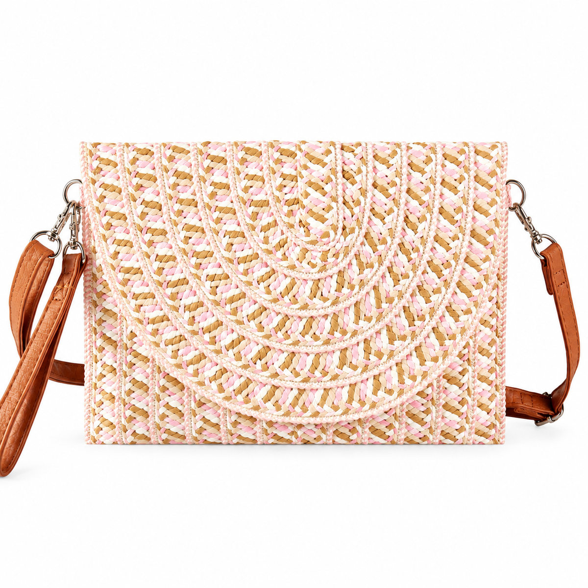 Pink Coastal Mesa woven clutch bag with blush, cream and natural woven paper detailing