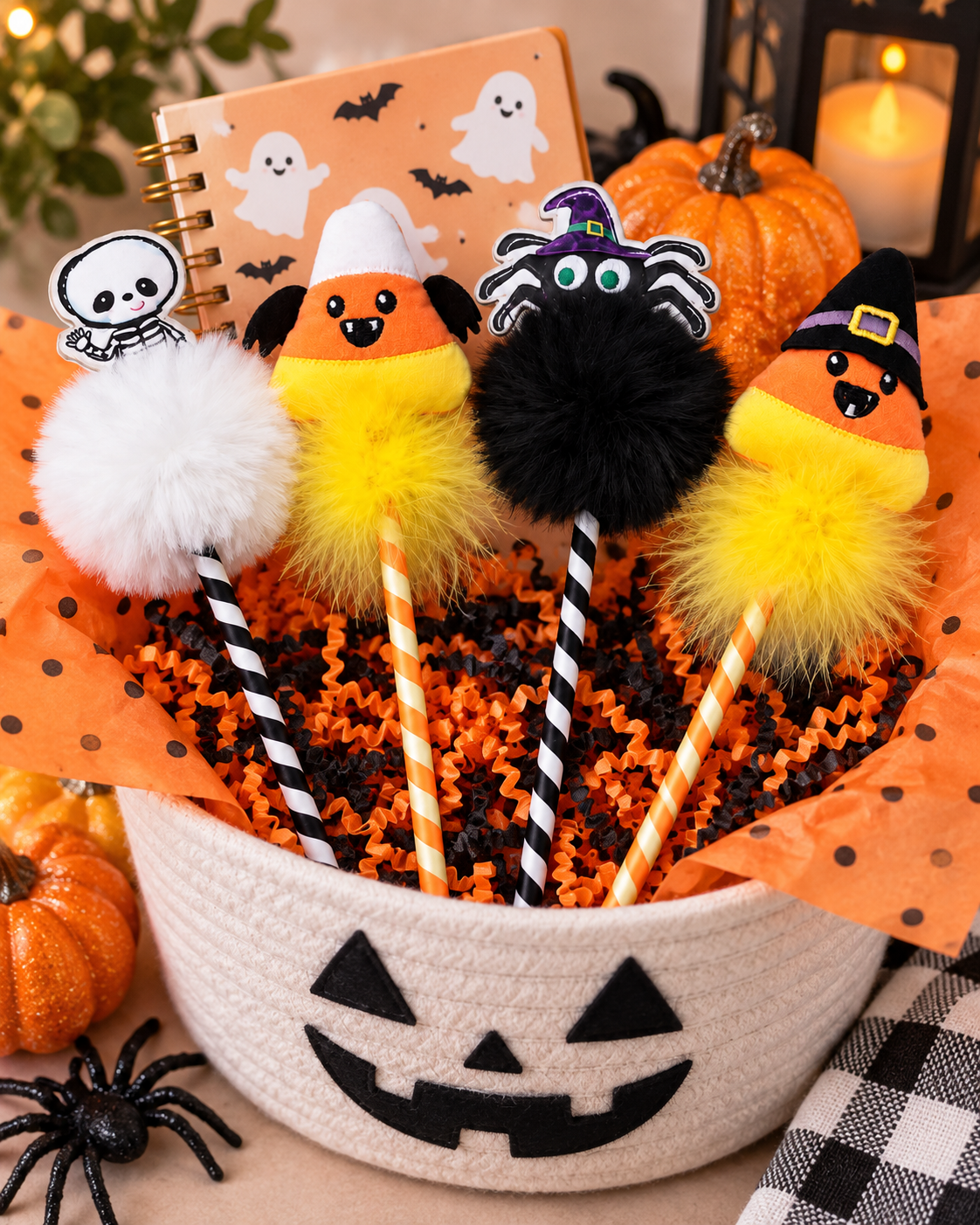 Halloween-themed treat picks in a white pumpkin-shaped basket filled with orange and black shredded paper, surrounded by pumpkins, a spider decoration, and an orange notebook on a tabletop.